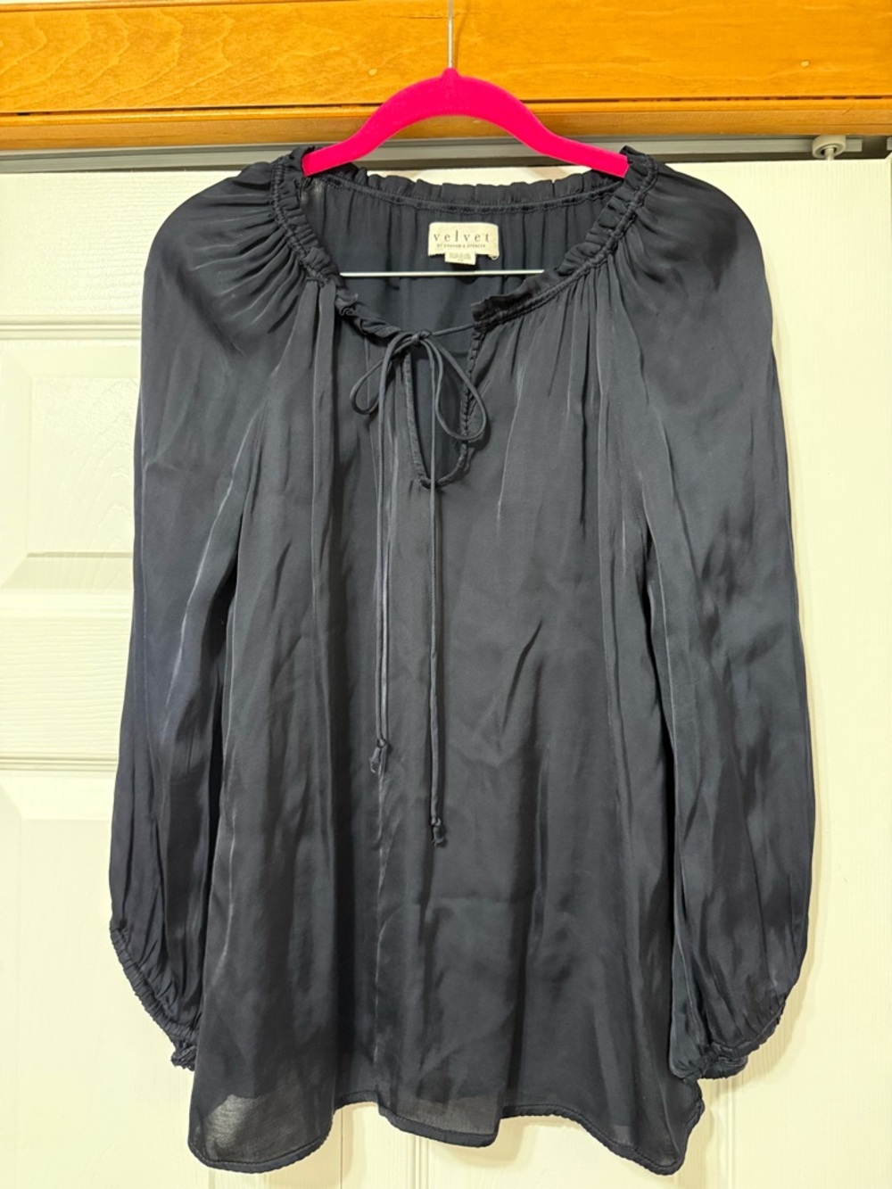 Velvet by Graham & Spencer Black Tie-Neck Peasant Blouse